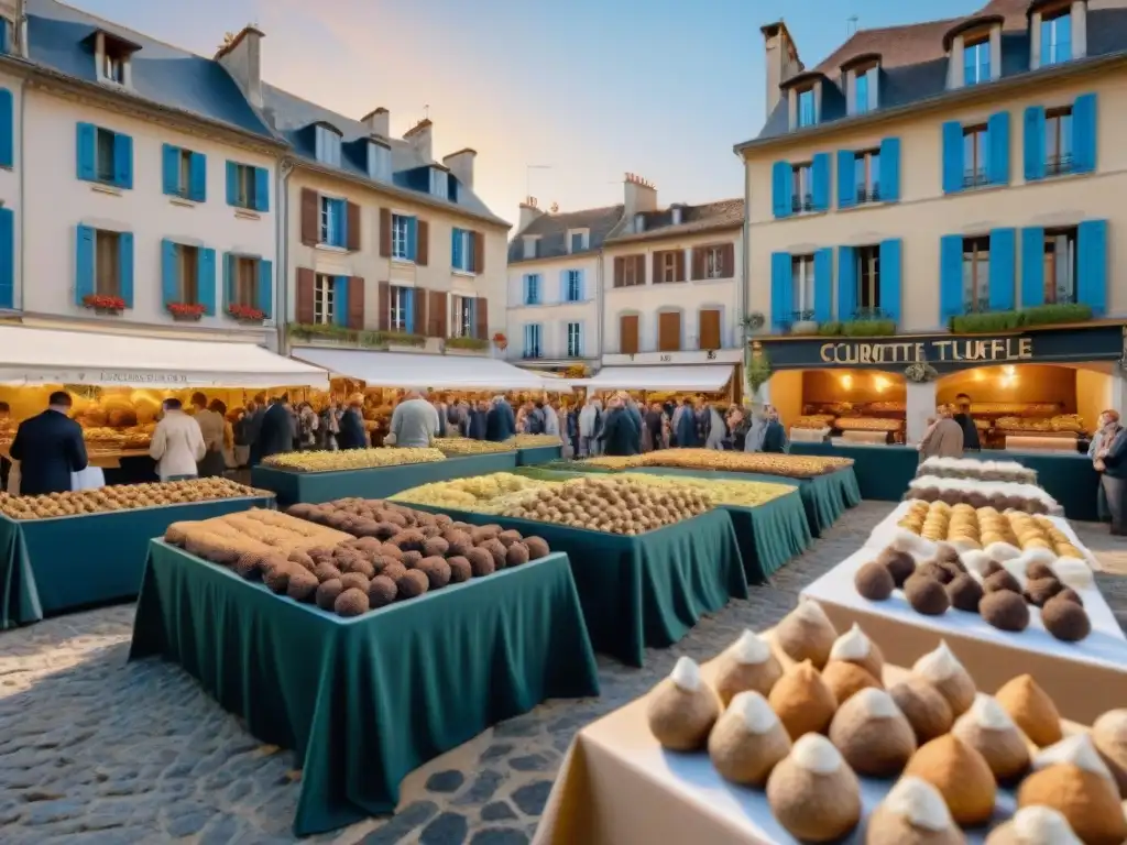 Plaza francesa bulliciosa en festival de trufas, con locales y turistas explorando productos trufados