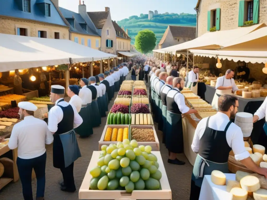 En pleno festival gastronómico borgoñés, vinos y delicias culinarias se mezclan en un vibrante mercado al aire libre rodeado de viñedos y edificios históricos