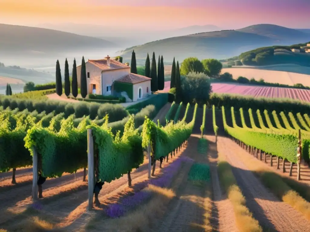 Una poesía francesa y vinos: viñedos dorados al atardecer en Provenza, con una granja de piedra y cipreses, bajo un cielo pintado en colores cálidos