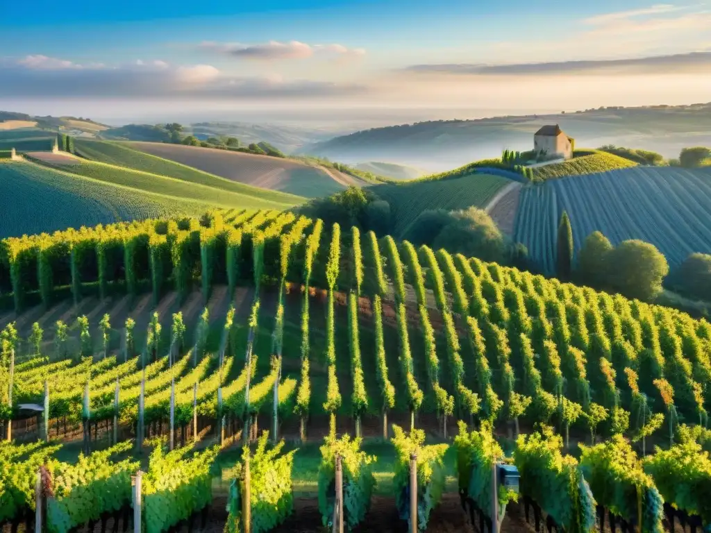 Poesía francesa y vinos: viñedos franceses al atardecer, una escena de belleza y serenidad en la campiña