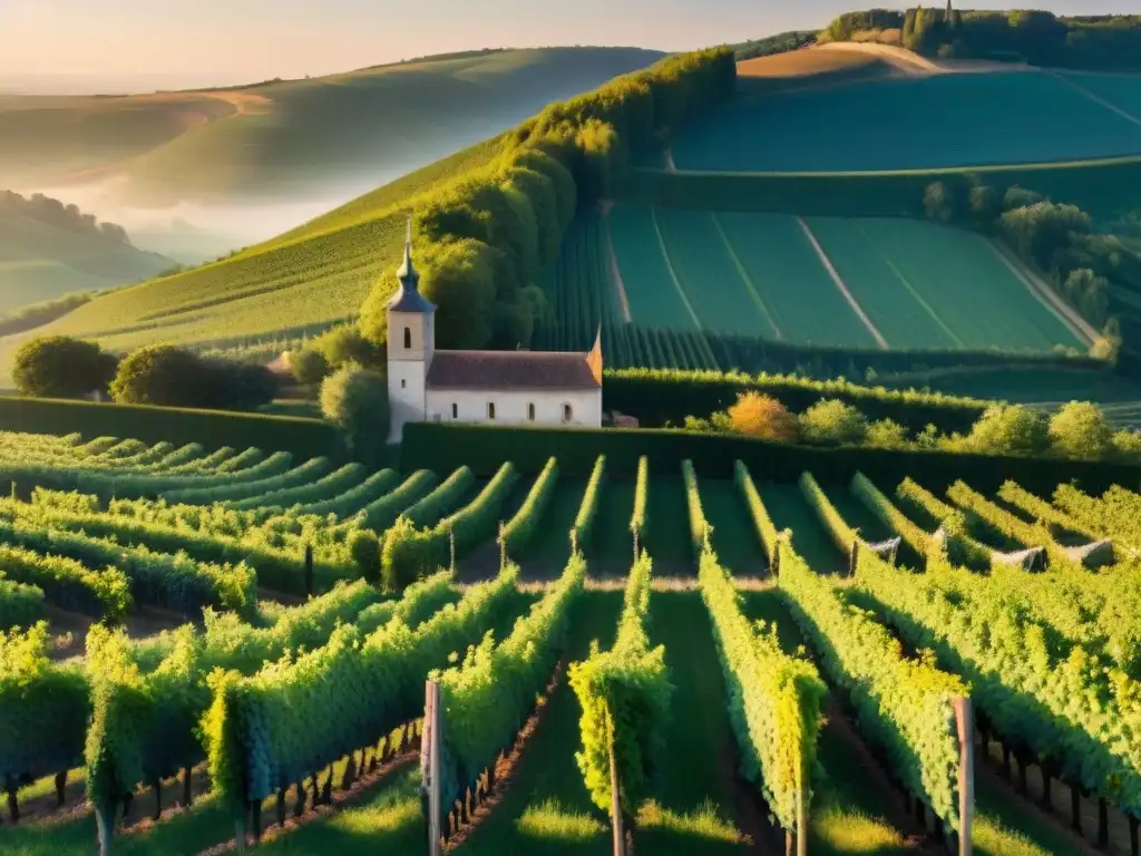 Poesía francesa y vinos: Viñedos dorados y un chateau en las colinas de Borgoña al atardecer