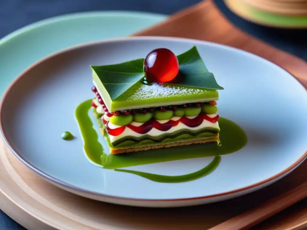 Un postre asiático francés innovador: millefeuille de matcha y pasta de frijol rojo en plato blanco