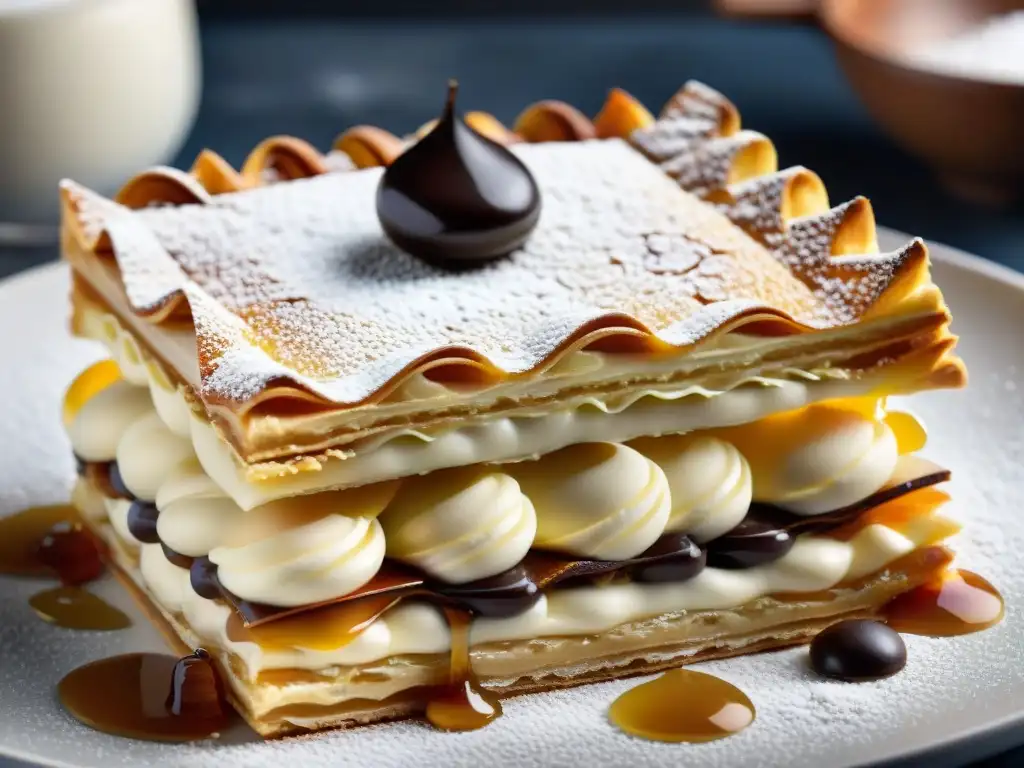 Un postre icónico francés innovador: Millefeuille perfectamente ejecutado con capas de hojaldre, crema pastelera y caramelo brillante en plato blanco