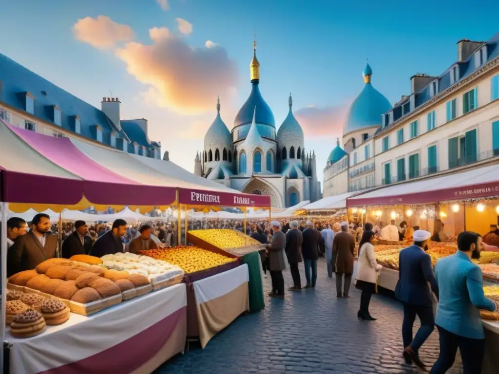 Postres árabes en Francia: Festival callejero con pastelería árabe y catedral de fondo, fusionando culturas y colores vibrantes