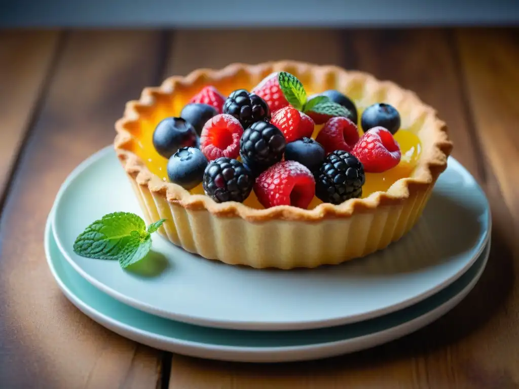 Postres ligeros gastronomía francesa: Fotografía de una elegante tarta de frutas francesa con bayas frescas y glaseado brillante