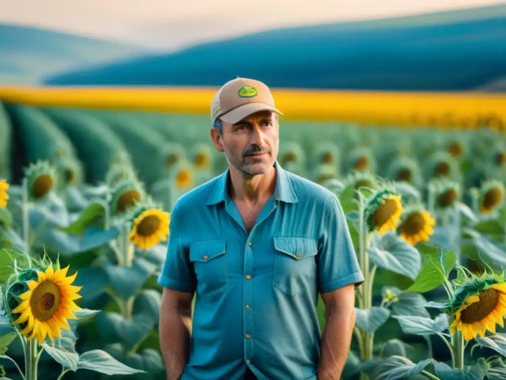 Prácticas agrícolas sostenibles en Francia: Campo de girasoles con agricultores en armonía con la naturaleza