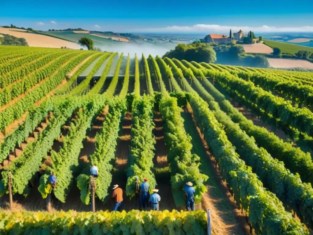 Prácticas agrícolas sostenibles en Francia: Cosecha de uvas en viñedos franceses bajo un cielo azul