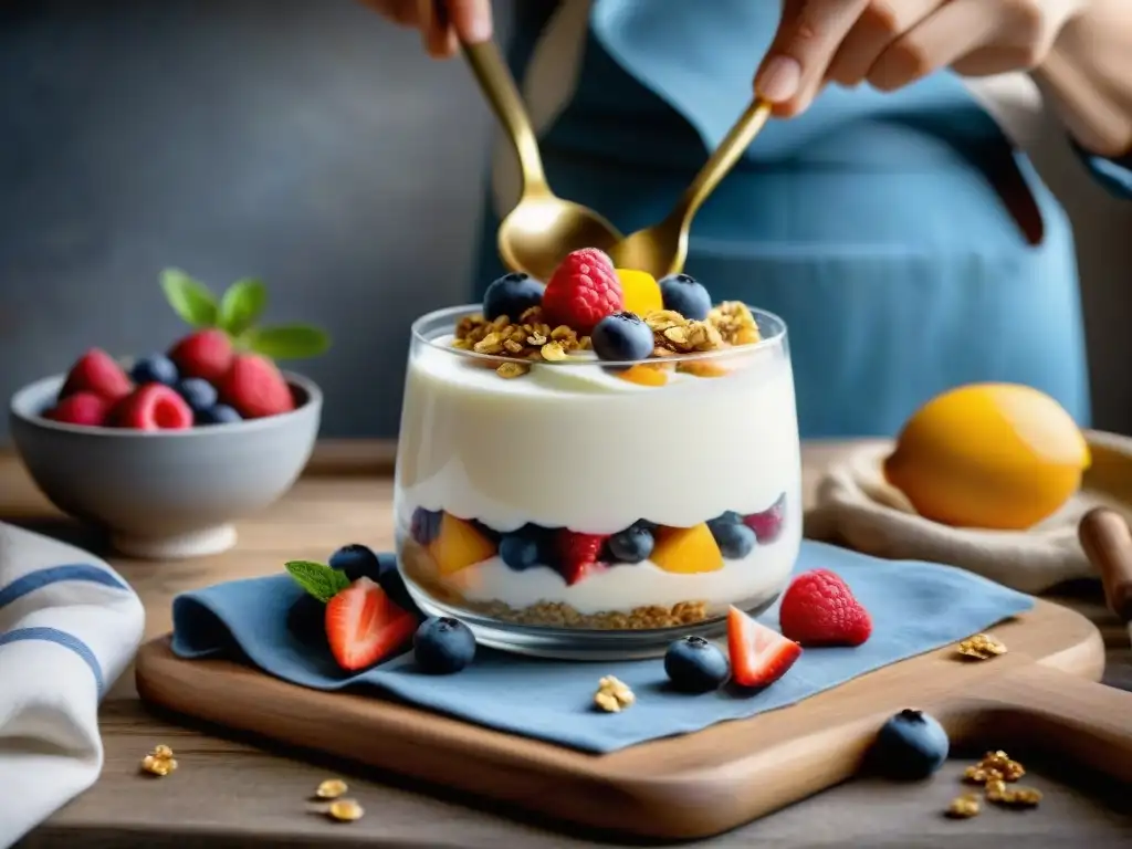 Preparación detallada de un exquisito parfait de yogurt y frutas en cocina francesa