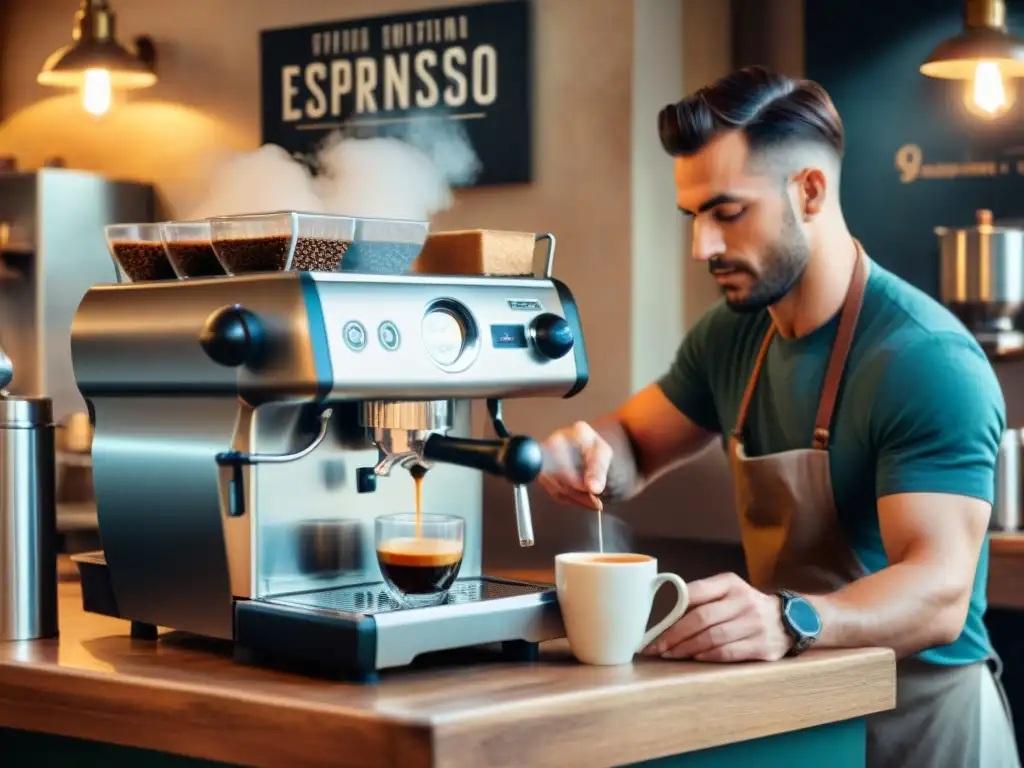 Preparación de espresso francés con influencia italiana en encantador café parisino