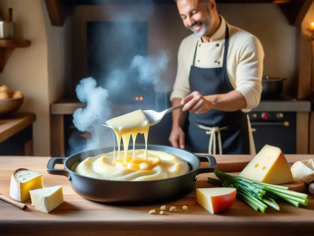 Preparación de la mejor fondue queso estilo francés en caquelón tradicional en chalet francés acogedor