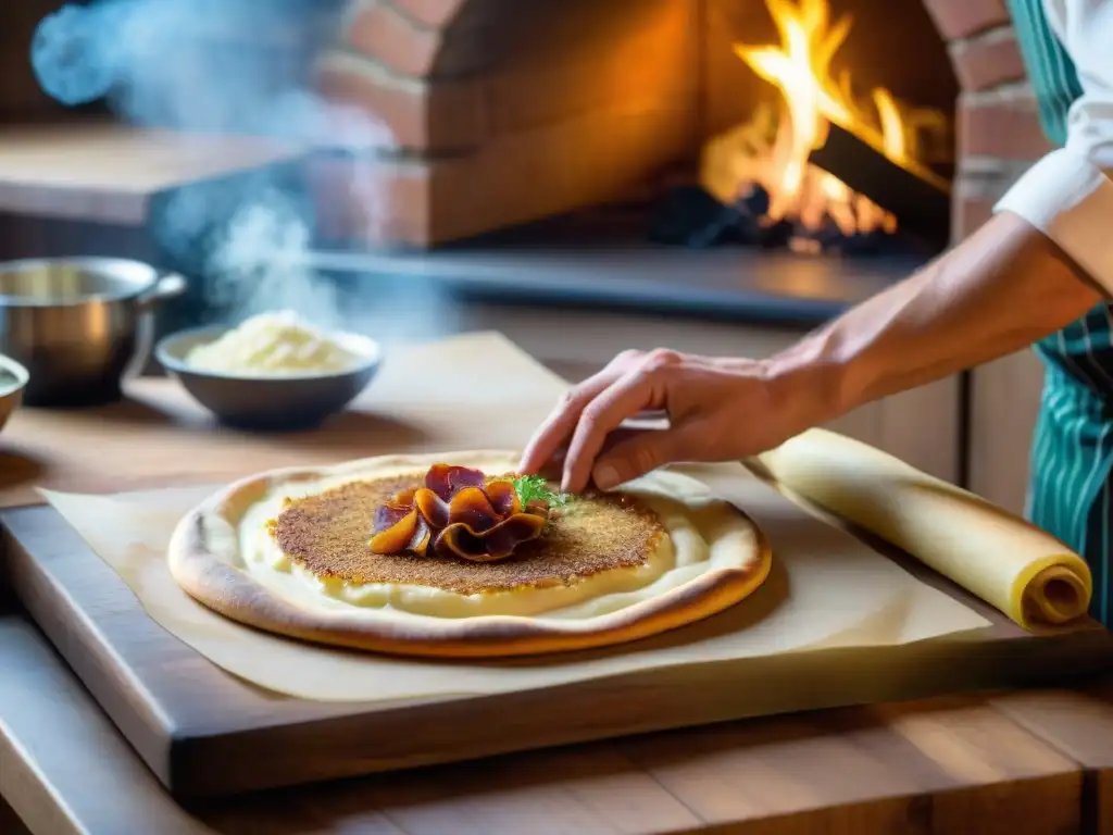 Preparación de receta flammekueche tradicional francesa en cocina rústica de Alsacia