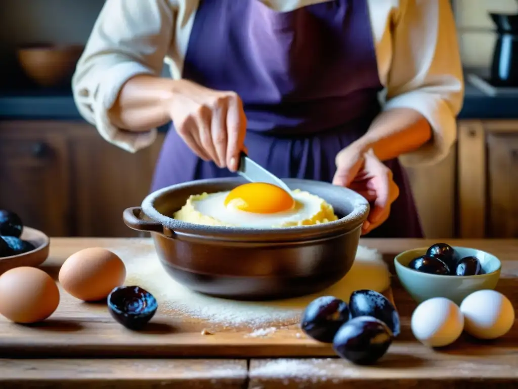 Preparación de la receta tradicional Far Breton en cocina rústica francesa con ingredientes frescos y experto panadero