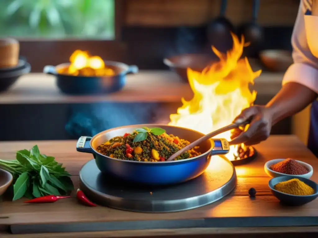 Preparación de recetas exóticas gastronomía francesa en cocina rústica de Mayotte