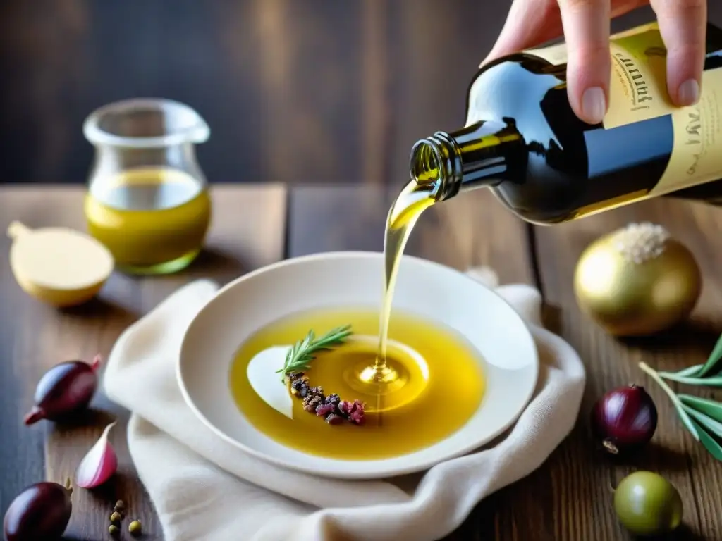 Preparación de vinagreta francesa receta casera: mano vertiendo aceite de oliva en ingredientes sobre mesa de madera rustica