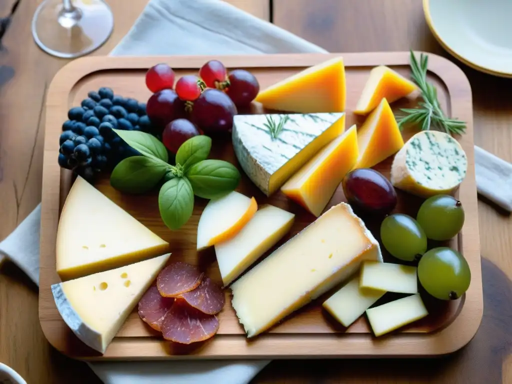 Una presentación atractiva de platos de gastronomía francesa con quesos, embutidos, frutas frescas y pan, todo elegantemente dispuesto en una tabla de madera rústica