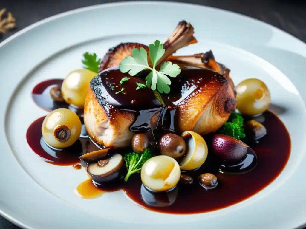 Una presentación audaz de un clásico plato francés, Coq au Vin, resaltando detalles y sabor