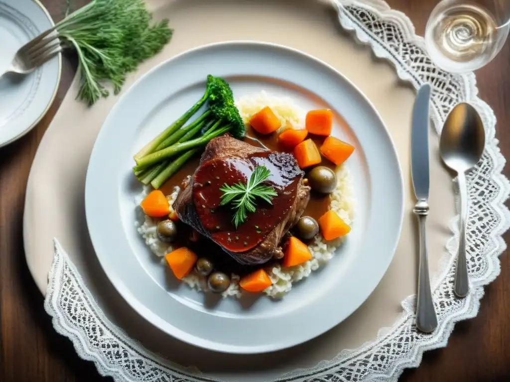 Una presentación en la cocina francesa de Coq au Vin con hierbas frescas y verduras de temporada, en un entorno rústico y elegante