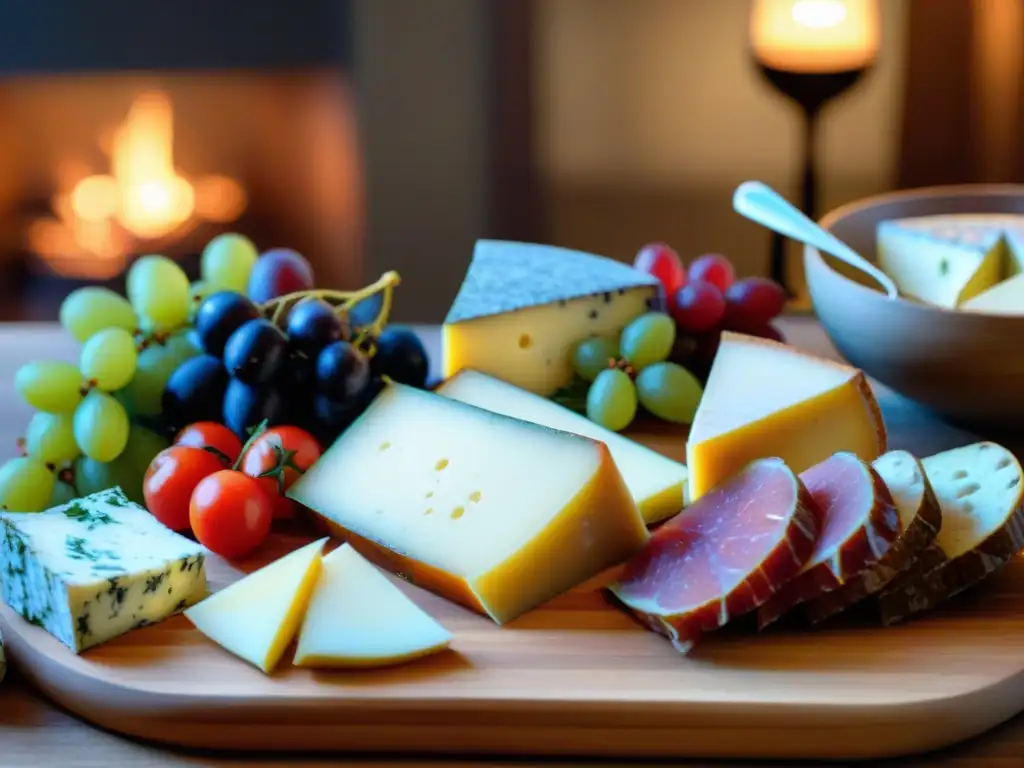 Una presentación exquisita en la cocina francesa: tabla de embutidos con quesos, frutas y pan artesanal sobre un plato de madera rústico