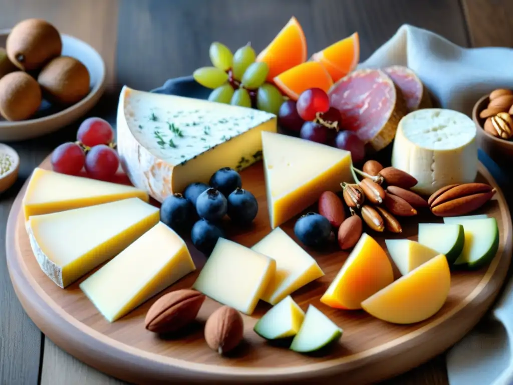 Una presentación exquisita de comida francesa visual: tabla de embutidos, quesos artesanales, frutas frescas y nueces en una tabla de madera rústica