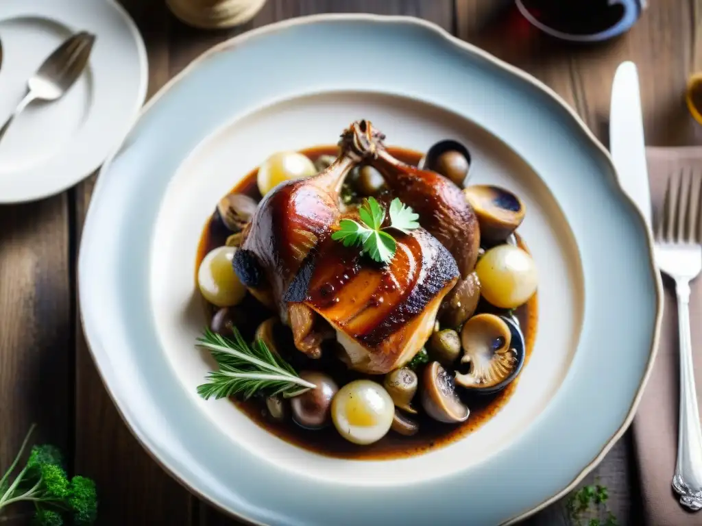 Una presentación exquisita de Coq au Vin en una mesa rústica, con detalles que evocan cenas secretas de gastronomía francesa