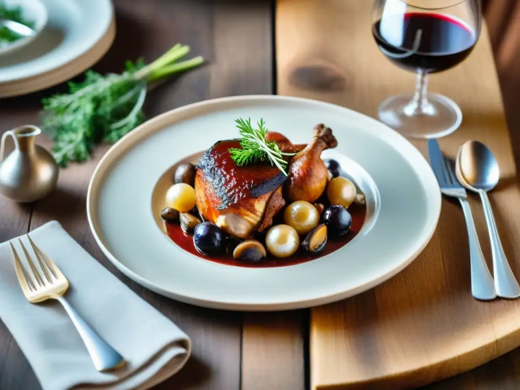 Una presentación exquisita de Coq au Vin en una mesa rústica