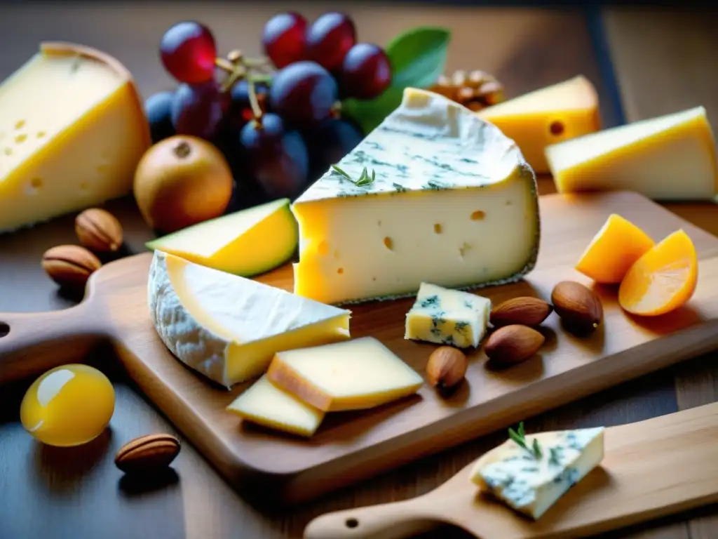 Una presentación exquisita de quesos franceses gastronomía en tabla de madera con frutas frescas y miel