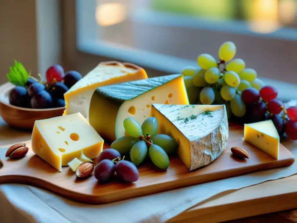 Una presentación exquisita de quesos franceses gastronomía sobre tabla de madera, con frutas y nueces, iluminada por luz natural