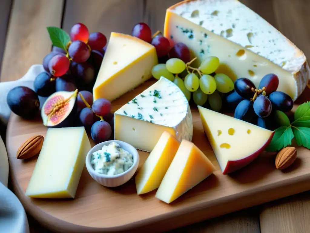 Una presentación exquisita de quesos franceses en una tabla elegante con frutas frescas y frutos secos