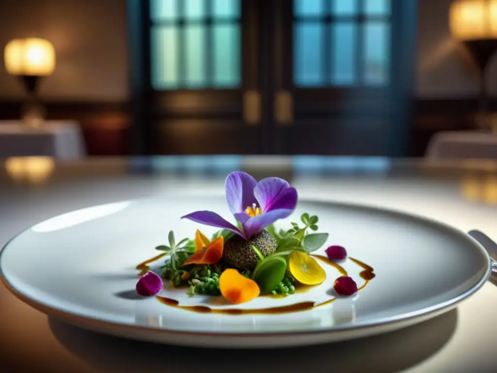 Una presentación exquisita en un restaurante elegante evoca la elegancia de la cocina francesa con sabores y colores que danzan como en un ballet