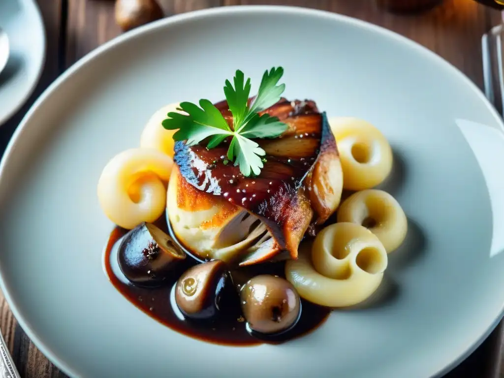 Una presentación innovadora de platos franceses: Coq au Vin meticulosamente plato en cerámica blanca, resaltando detalles y colores exquisitos