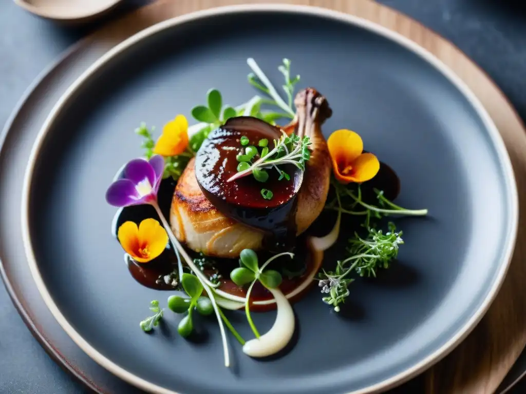 Una presentación moderna de Coq au Vin, plato francés clásico, con microgreens y flores comestibles en un plato negro