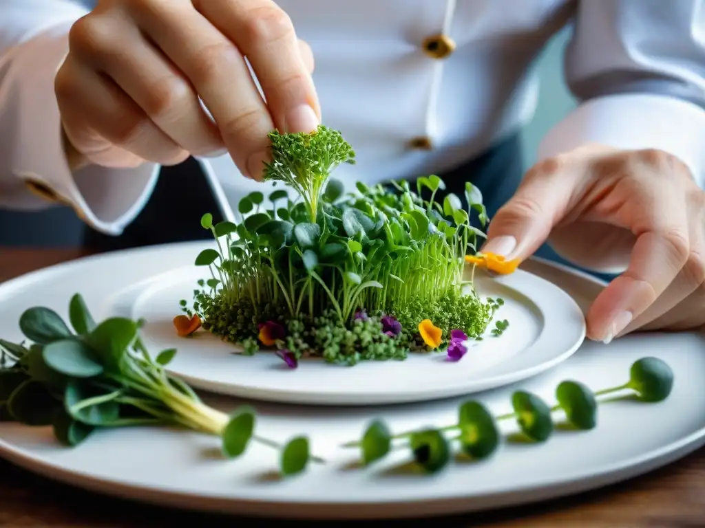 Presentación de platos franceses innovadores: Un chef francés arregla microgreens y flores comestibles con precisión experta en un plato blanco