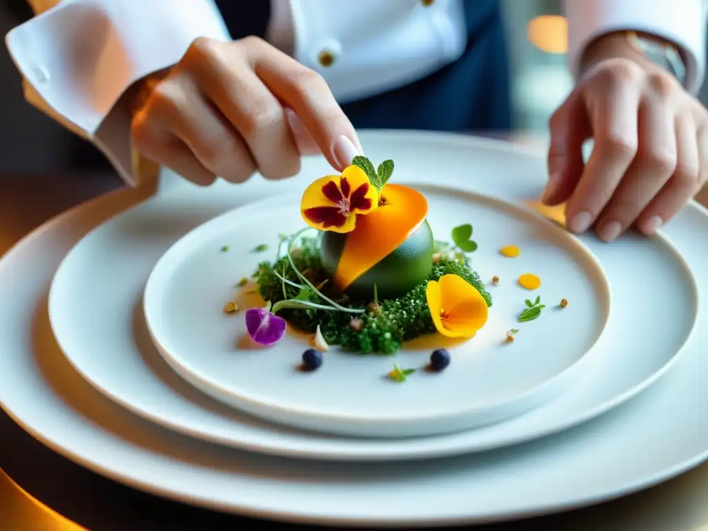 Presentación de platos franceses innovadores: Un chef francés arregla con precisión platos delicados y coloridos