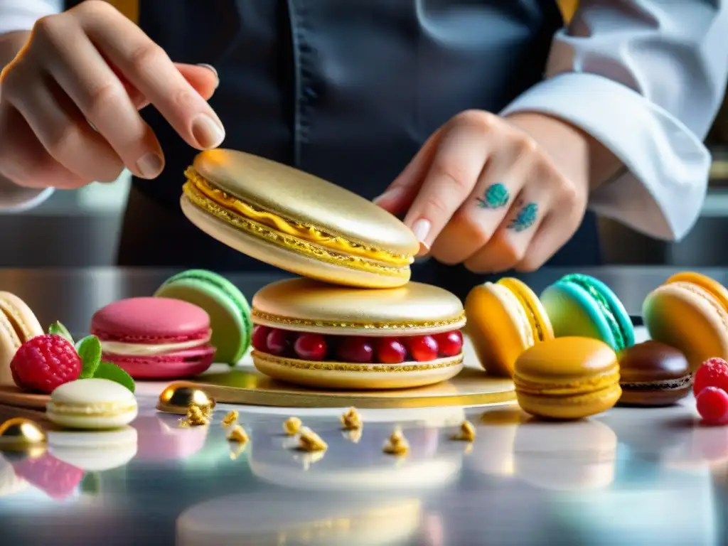 Chef pastelero adornando postre francés con oro comestible y macarons Presentación de postres franceses gourmet con detalles dorados, macarons y frutas frescas en pastelería parisina
