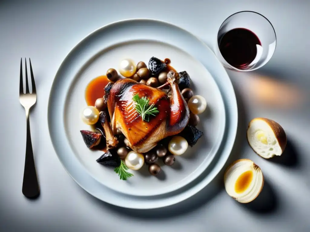 Una presentación sublime de Coq au Vin, plato clásico francés, resaltando sus detalles y elegancia moderna