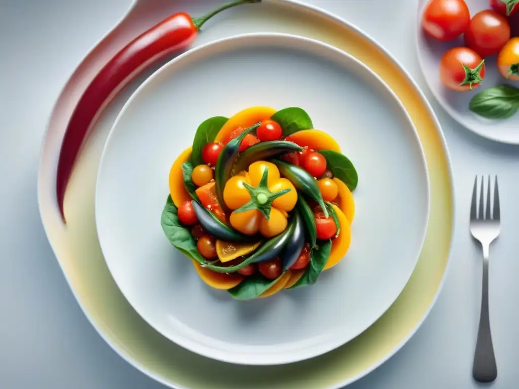 Una presentación vibrante y llena de energía de un plato francés, con una colorida ratatouille en un elegante plato de porcelana blanca