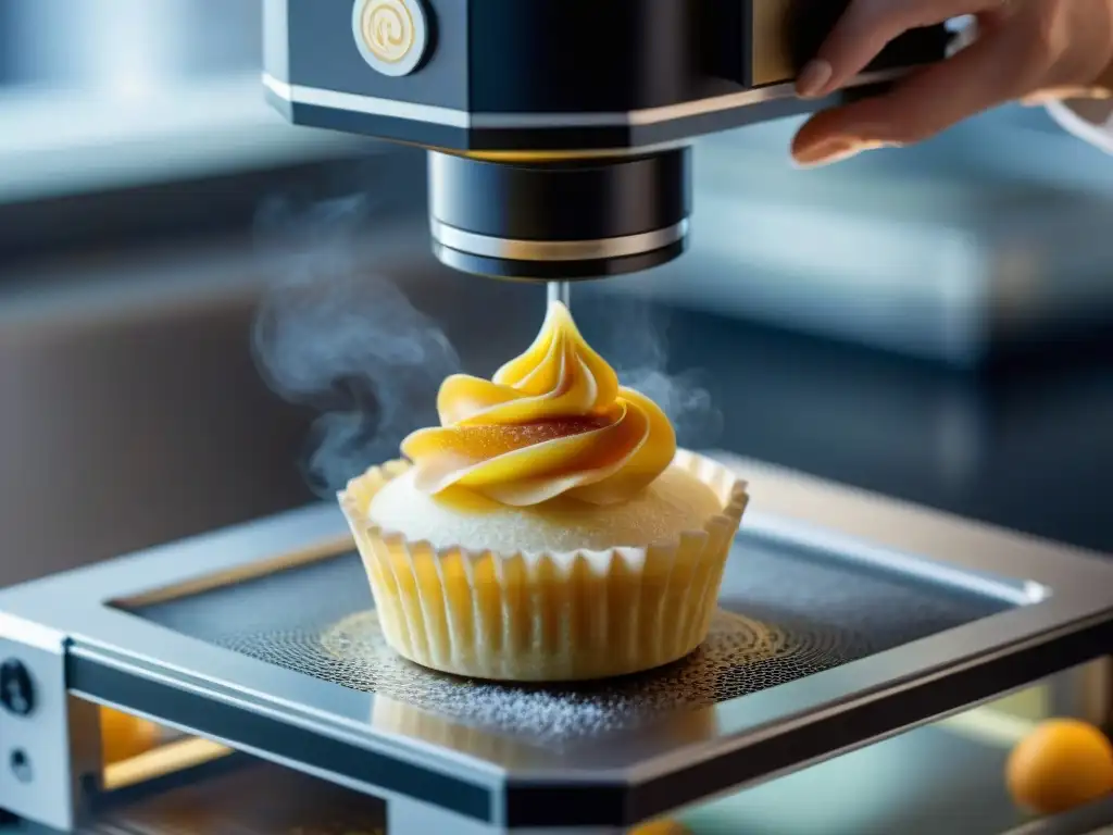 Un 3D printer meticuloso creando un diseño de pastel francés, fusionando arte culinario tradicional con innovación tecnológica