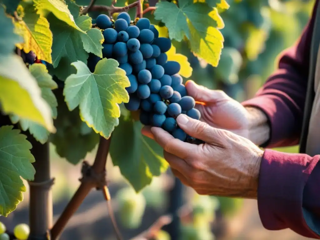 Proceso de creación de vino tinto francés: Manos expertas seleccionan uvas Merlot maduras en viñedo francés