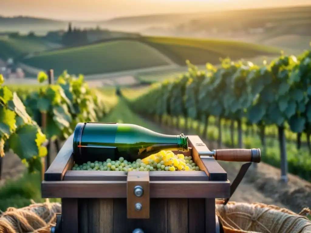 Proceso de elaboración del Champagne en la historia de Champagne: prensa de madera vintage en viñedos al atardecer dorado