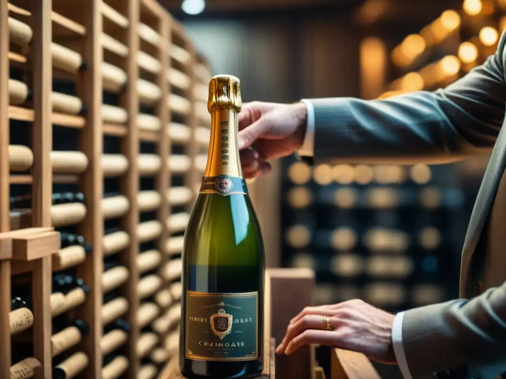 Proceso elaboración Champagne historia: Manos hábiles giran la jaula del corcho en bodega oscura