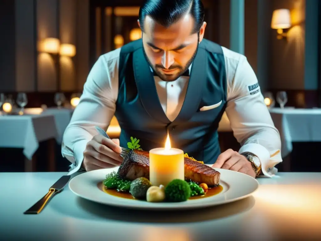 Proceso de evaluación Michelin en un restaurante francés: inspector meticuloso analizando una exquisita creación culinaria