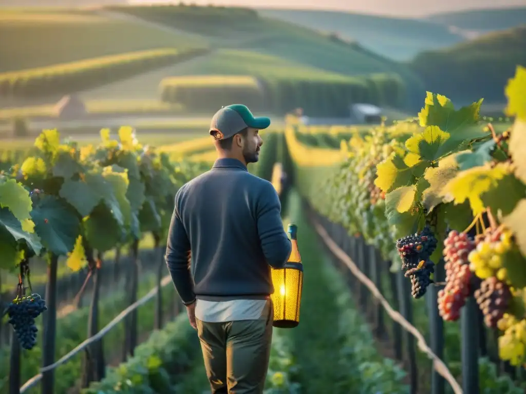 Productores de champagne inspeccionan uvas al amanecer en viñedos de Champagne, Francia