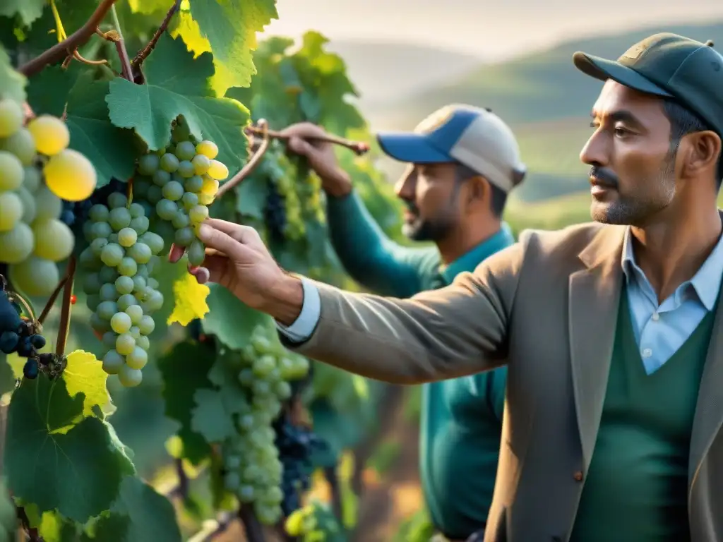 Productores de Champagne inspeccionan viñedo al amanecer, mostrando concentración y determinación