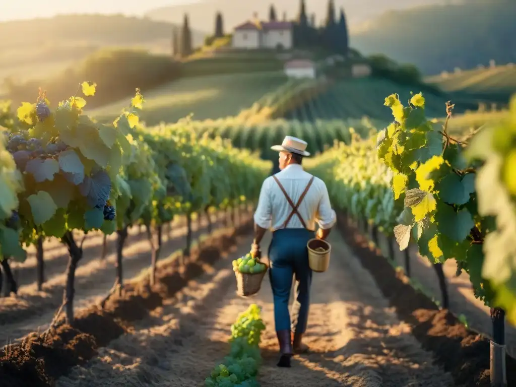 Productores de vino en trajes tradicionales franceses cuidan vides biodinámicas al atardecer