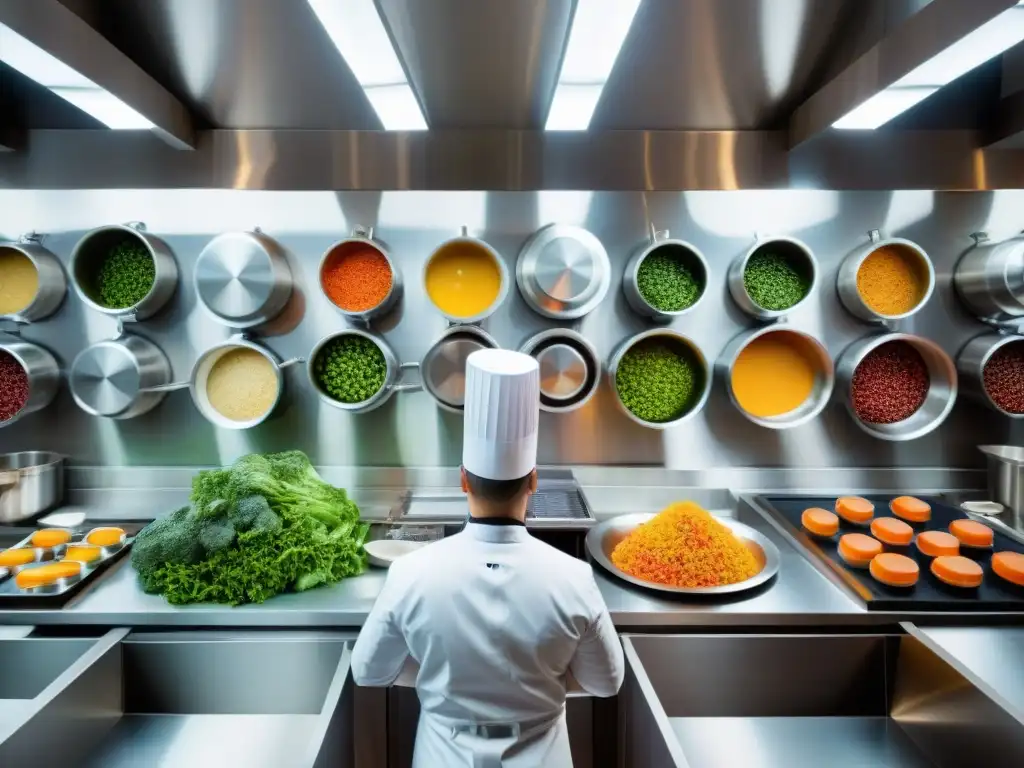 Innovación y profesionalismo en una cocina francesa moderna, chefs creando platos vanguardistas