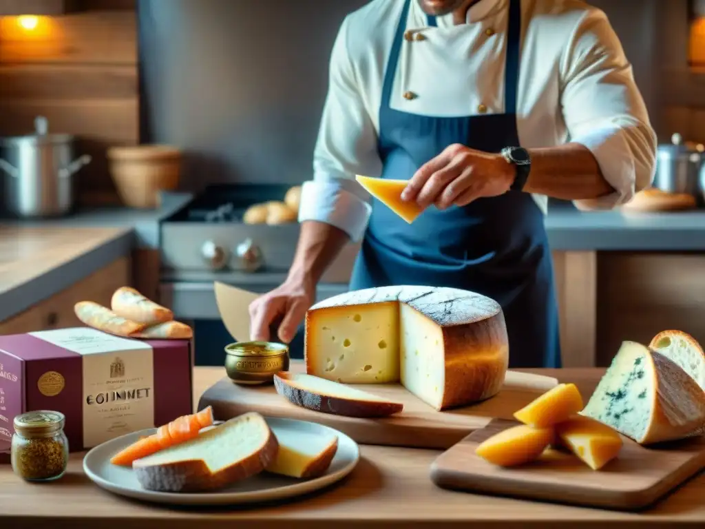 Descubre la promoción de productos de gastronomía francesa con un elegante unboxing en una cocina campestre acogedora