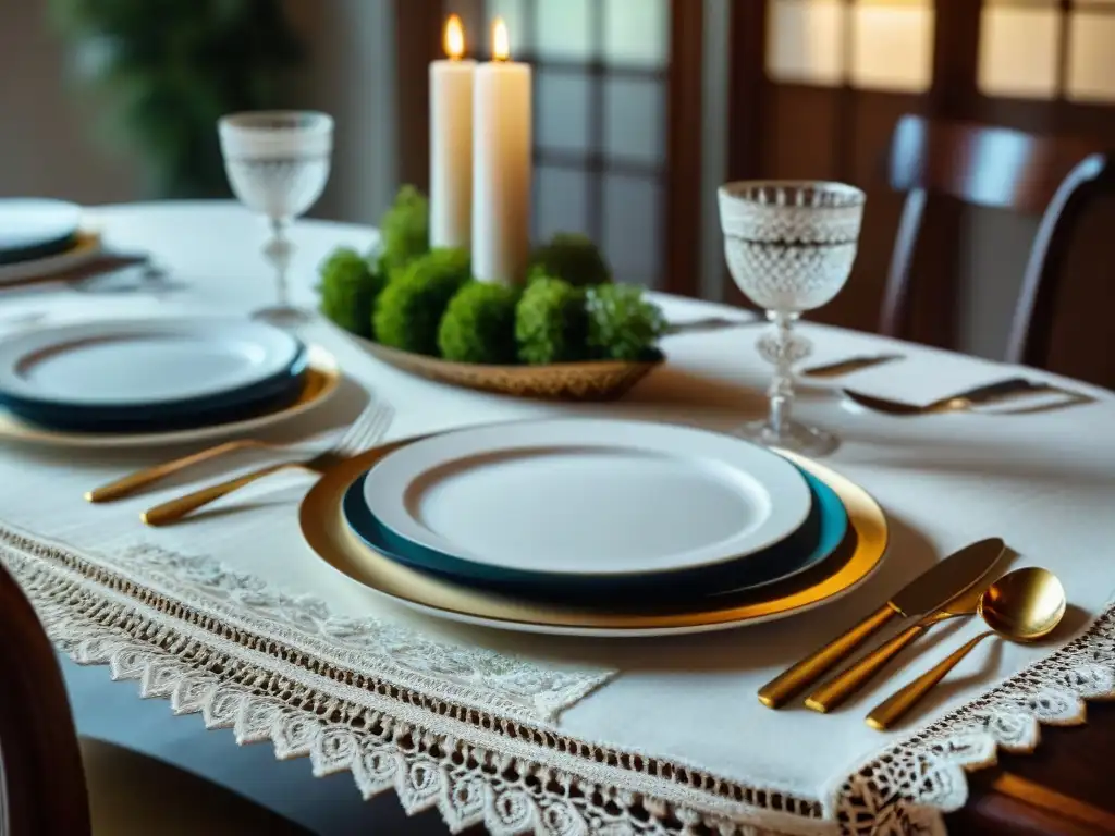 Protocolo de mesa para una elegante cena francesa con vajilla fina y cristalería, cubiertos de plata y centro floral