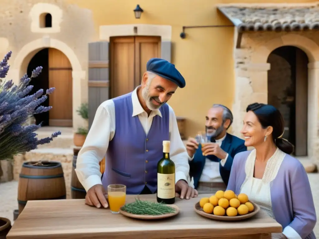 Celebración en Provenza: grupo local en atuendo tradicional disfrutando pastis en un patio soleado rodeado de lavanda