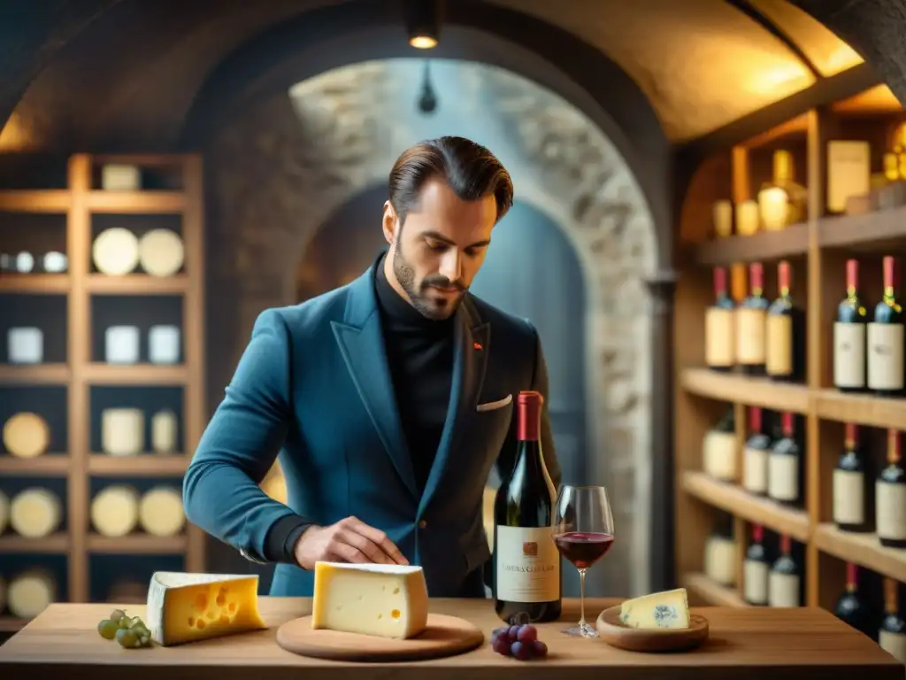 La psicología del gusto francés: Sommelier sirviendo vino y experto en quesos seleccionando, en bodega acogedora