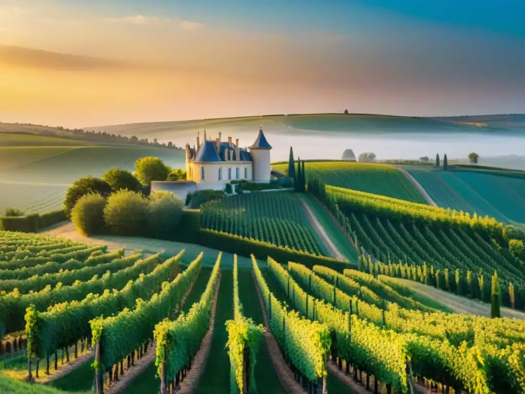 Puesta de sol dorada sobre viñedos de Champaña, con un castillo francés en silueta